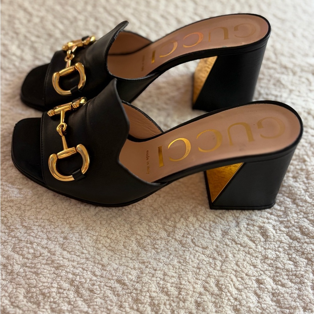 Gucci Black Leather Horsebit Block Heel Mules - Size 37 - Picture 2 of 10